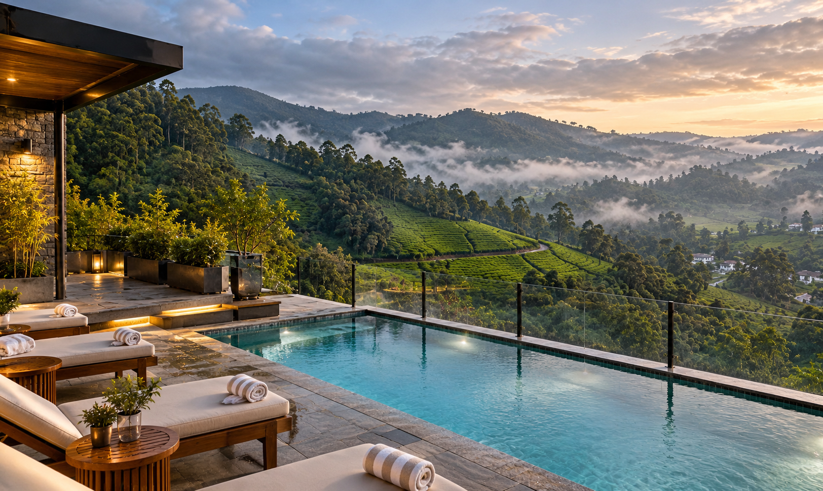 Illustrative concept of a future pool overlooking Nilgiri tea gardens